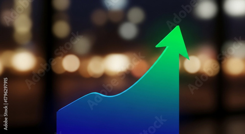 A vibrant green arrow pointing upwards against a blurred cityscape backdrop, symbolizing growth and success in the urban business environment, with bokeh lights