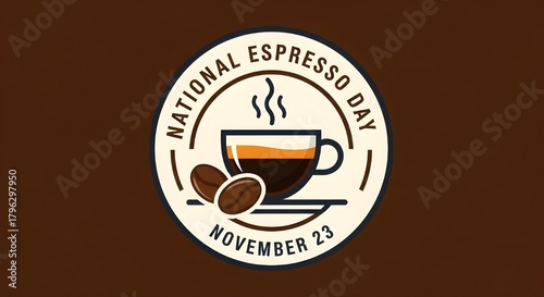 High-Resolution National Espresso Day Greeting Card Template: November 23rd Celebration Vector Badge with Coffee Cup, Steaming Liquid, and Roasted Beans for Promotion and Social Media.