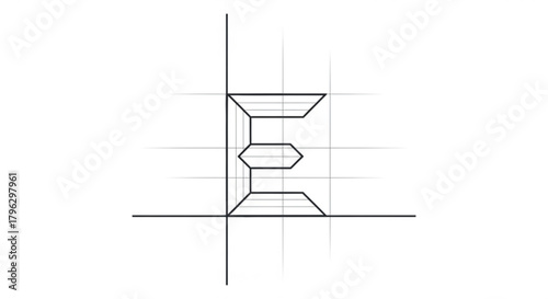 Technical drawing of the letter e, showcasing precise lines and geometric construction for typography and design applications