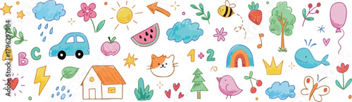 Kids Watercolor Doodle Elements Pattern | Cute Car, Flowers, Animals, ABC, 123, and Other Hand Drawn Graphics for Children's Illustration, Stationery, and Fabric Design