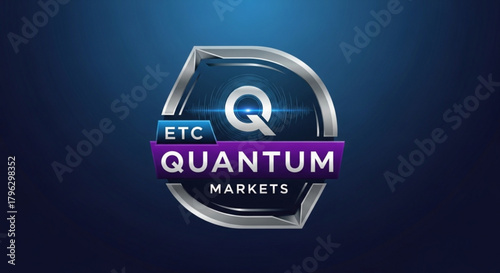Etc quantum markets logo with a modern, metallic design featuring a stylized q and the company name, set against a gradient blue background, representing innovation and market leadership