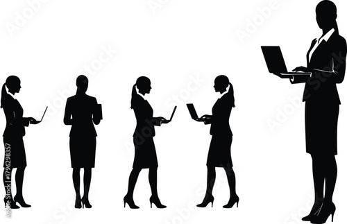 Businesswoman with laptop, tech professional, black and white art, digital engagement, career woman, modern work, silhouette poses, empowerment, leadership, multitasking