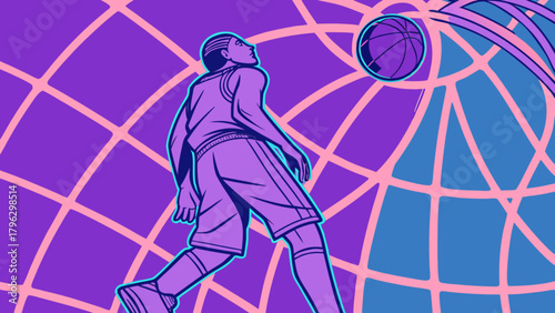 Basketball player throwing ball into net in purple and blue sports game illustration design art
