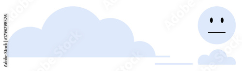 Neutral-faced emoticon floating above simple clouds evokes calm, mystery, or thought. Ideal for mindfulness, meditation, introspection, neutrality, simplicity emotion creativity. Minimalist flat