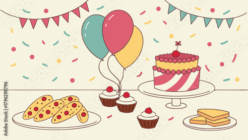 Celebration party with cake cupcakes balloons and snacks vector illustration for birthday and special events 100