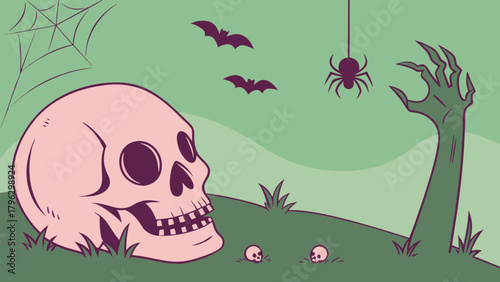 Halloween graveyard scene with skull, bats, spider, and zombie hand vector illustration design concept