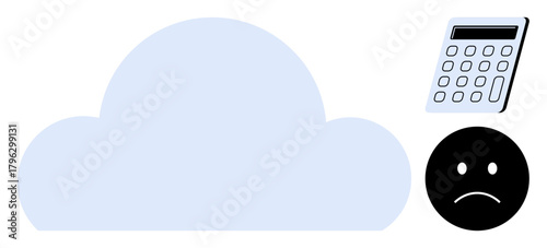 Large blue cloud, calculator, and sad face representing financial difficulties, digital tax, or data-related losses. Ideal for cloud technology, finance, costs, accounting emotions technology