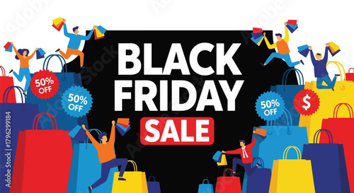 Flat vector illustration of huge Black Friday sale banner with shoppers, discount tags, balloons, and shopping bags. Solid bold colors, clean layout, no gradients, modern retail promotion scene
