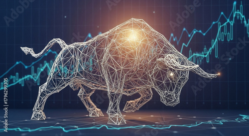 Abstract polygonal bull shape with stock market chart background, representing bullish market trend and financial growth, symbolizing investment and economic recovery