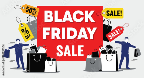 Flat vector illustration of huge Black Friday sale banner with shoppers, discount tags, balloons, and shopping bags. Solid bold colors, clean layout, no gradients, modern retail promotion scene