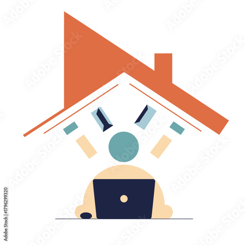 Person working remotely from home on a laptop, with a house roof symbol overhead, representing freelance or online work