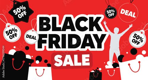 Flat vector illustration of huge Black Friday sale banner with shoppers, discount tags, balloons, and shopping bags. Solid bold colors, clean layout, no gradients, modern retail promotion scene