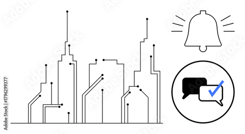 City skyline connected via thin lines, notification bell with rays, chat bubbles with a checkmark. Ideal for connectivity, tech communication, urban planning, networking, smart city systems