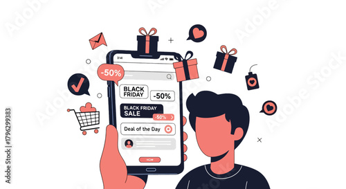 Flat vector illustration of user browsing Black Friday deals on smartphone with sale labels, cart icon, and gift boxes. Solid tones, clean UI shapes, no gradients, modern e-commerce scene