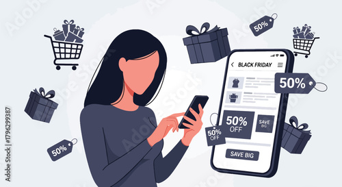 Flat vector illustration of user browsing Black Friday deals on smartphone with sale labels, cart icon, and gift boxes. Solid tones, clean UI shapes, no gradients, modern e-commerce scene