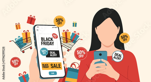 Flat vector illustration of user browsing Black Friday deals on smartphone with sale labels, cart icon, and gift boxes. Solid tones, clean UI shapes, no gradients, modern e-commerce scene