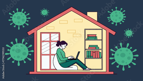 Work from home during coronavirus pandemic vector illustration of a woman working on laptop inside house 100