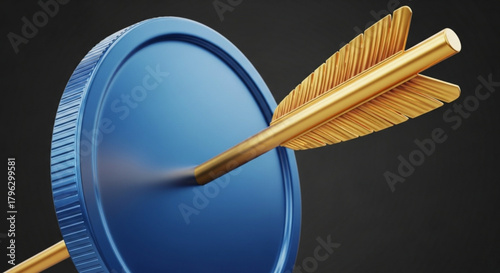 Golden arrow hitting the center of a blue coin target, representing accuracy, precision, and success in financial goals on dark background