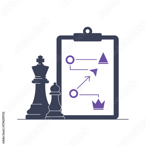 Chess king and bishop silhouette with strategy plan on clipboard