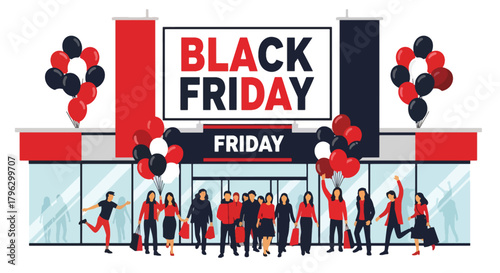 Flat vector illustration of retail store entrance decorated with large Black Friday discount banners, balloons, and customers entering. Solid bright tones, no gradients, festive shopping ambiance