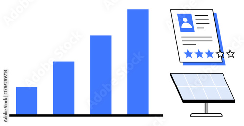 Bar chart showing growth trends, personal profile with a 4-star rating, and a solar panel. Ideal for business growth, data analysis, reviews, renewable energy, technology, progress and innovation