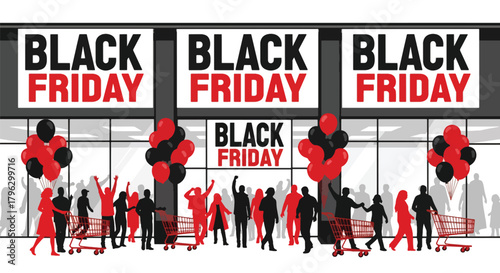 Flat vector illustration of retail store entrance decorated with large Black Friday discount banners, balloons, and customers entering. Solid bright tones, no gradients, festive shopping ambiance