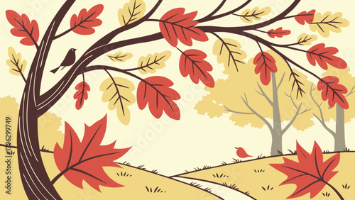 Autumn landscape illustration with falling leaves trees and birds vector background scene for fall season, exactly 100 chars