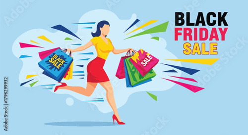 Flat vector illustration of woman running happily with multiple shopping bags during Black Friday sale. Solid vibrant colors, clean expressive shapes, no gradients, energetic retail action scene