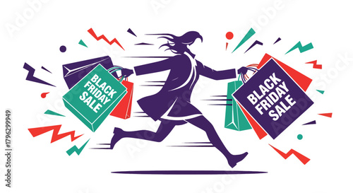 Flat vector illustration of woman running happily with multiple shopping bags during Black Friday sale. Solid vibrant colors, clean expressive shapes, no gradients, energetic retail action scene