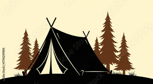 Silhouette of a tent surrounded by pine trees, evoking camping, adventure, and the great outdoors