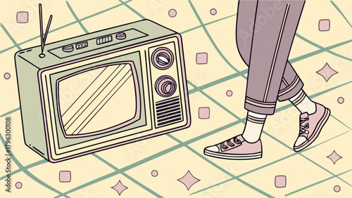 Retro television set with person walking by in a vintage style illustration vector graphic design