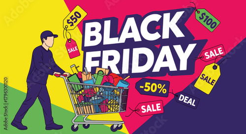 Flat vector illustration of shopping cart filled with sale items, price tags, and product boxes. Solid bright palette, clean shape language, no gradients, energetic Black Friday shopping scene