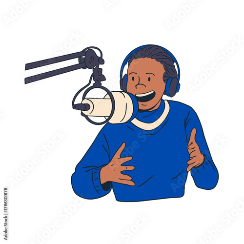 Podcast Host Illustration Enthusiastic Man Recording a Show