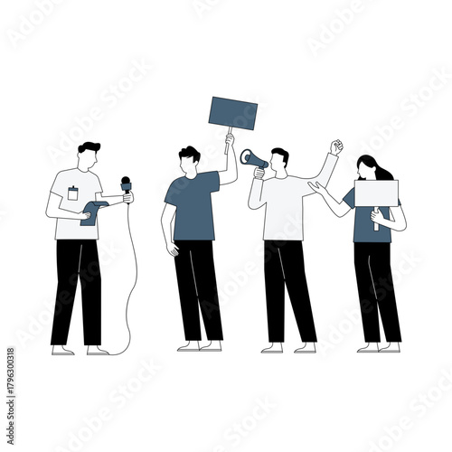 Protestors with signs and megaphone, people demonstrating for a cause