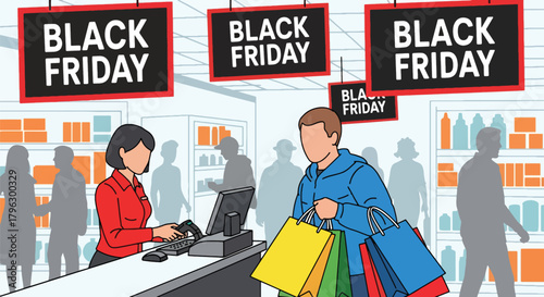 Flat vector illustration of cashier scanning items while customer holds full shopping bags. Solid modern palette, clean geometry, no gradients, lively retail checkout atmosphere