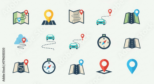 Collection of location and navigation icons, including maps, pins, cars, compasses, and routes, representing travel, direction, and guidance
