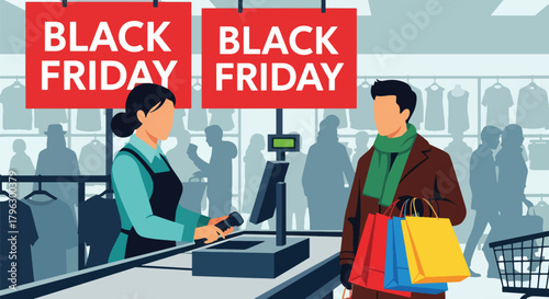 Flat vector illustration of cashier scanning items while customer holds full shopping bags. Solid modern palette, clean geometry, no gradients, lively retail checkout atmosphere