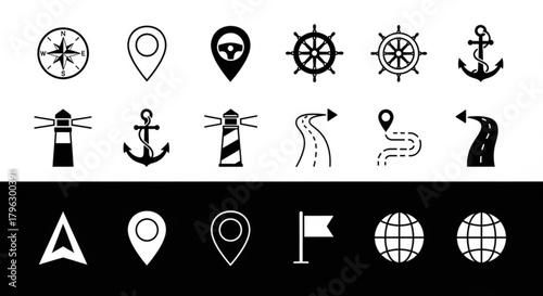 Collection of navigation icons, featuring compass, map pin, steering wheel, ship wheel, anchor, lighthouse, road, flag, globe, and arrow symbols for travel and direction