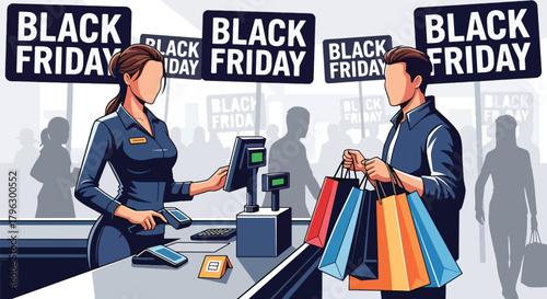 Flat vector illustration of cashier scanning items while customer holds full shopping bags. Solid modern palette, clean geometry, no gradients, lively retail checkout atmosphere