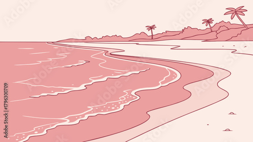 Beautiful tropical beach scene illustration with palm trees and ocean waves vector background design