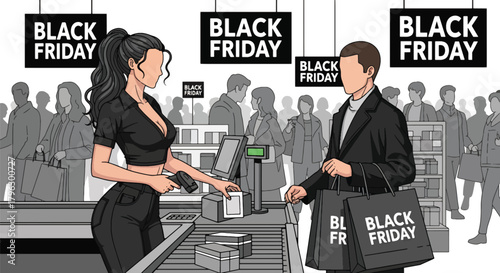 Flat vector illustration of cashier scanning items while customer holds full shopping bags. Solid modern palette, clean geometry, no gradients, lively retail checkout atmosphere