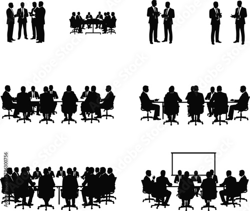 Business meeting silhouettes showing professionals discussing, presenting, and collaborating in conference rooms, corporate teamwork illustration for office, management, and leadership concepts