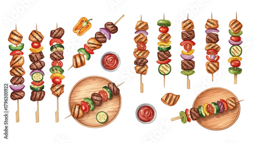 A collection of various grilled meat and vegetable kebabs, some served on a plate with sauce.