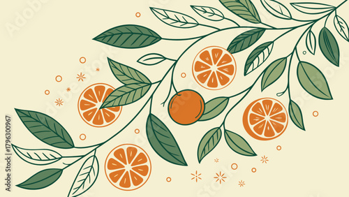 Orange fruit botanical illustration with leaves and branches vector art design for summer and spring season