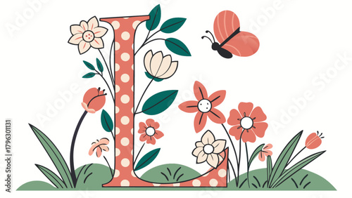 Floral letter l illustration with butterfly and flowers for personalized designs and spring themes projects