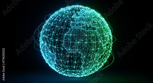 A glowing digital globe with interconnected lines and nodes, representing global network and data connectivity on a dark background, creating a futuristic feel