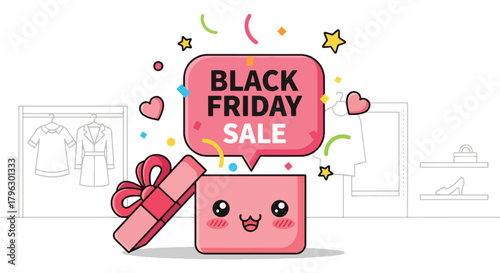 Flat vector kawaii gift box bursting open with cute stars, hearts, and pastel sale tags. Solid bright palette, no gradients, cheerful Black Friday surprise illustration