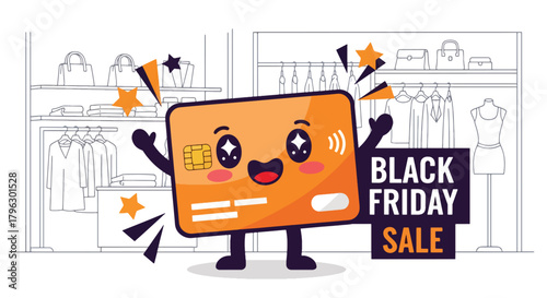 Flat vector kawaii credit card with blushing cheeks surrounded by sale icons, hearts, and sparkles. Solid soft palette, no gradients, cute Black Friday payment concept