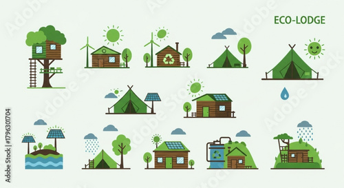 Eco lodge and camping site collection with tree house, tent, wooden house, solar panel, and wind turbine