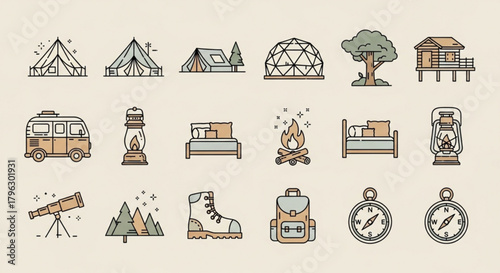 Collection of camping and outdoor adventure icons featuring tents, campervan, bonfire, compass, and telescope, perfect for travel, nature, and exploration themes